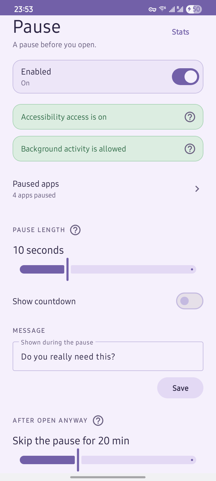 Settings: pause length, message, and skip window